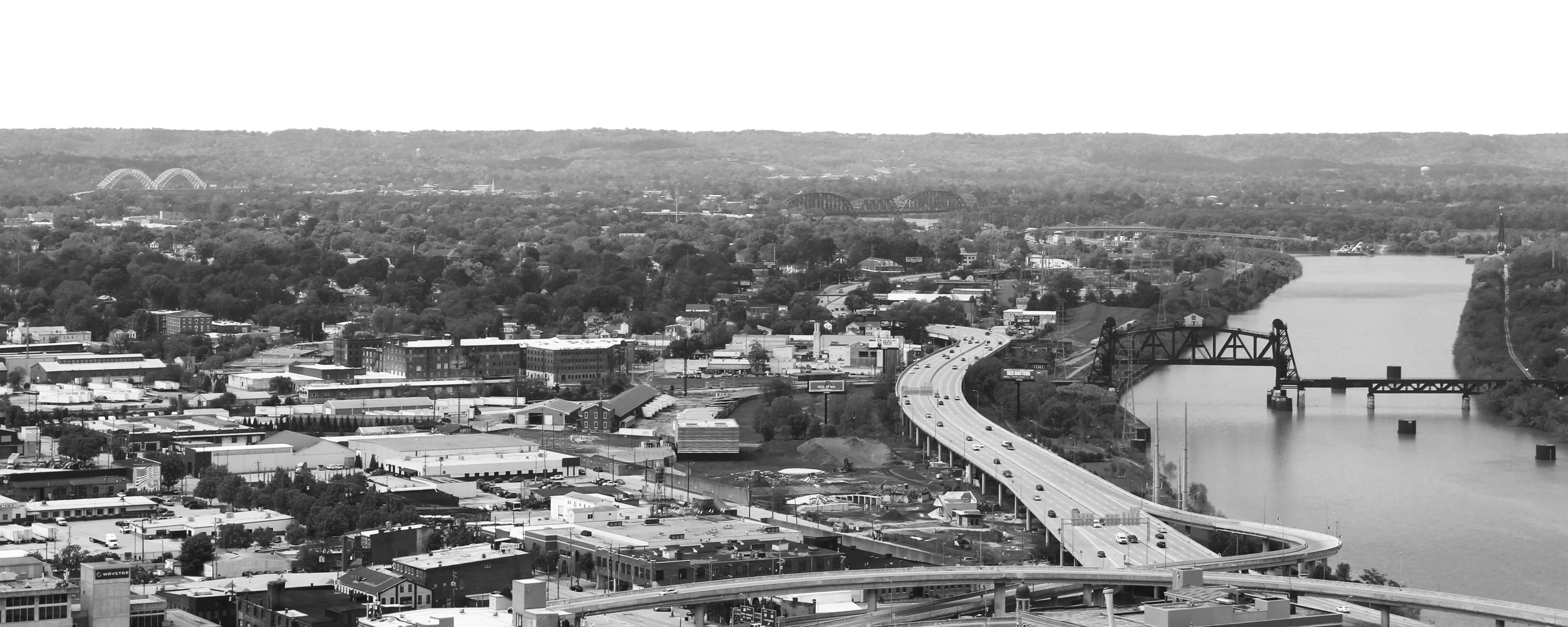 Black and white photo overlooking Louisville